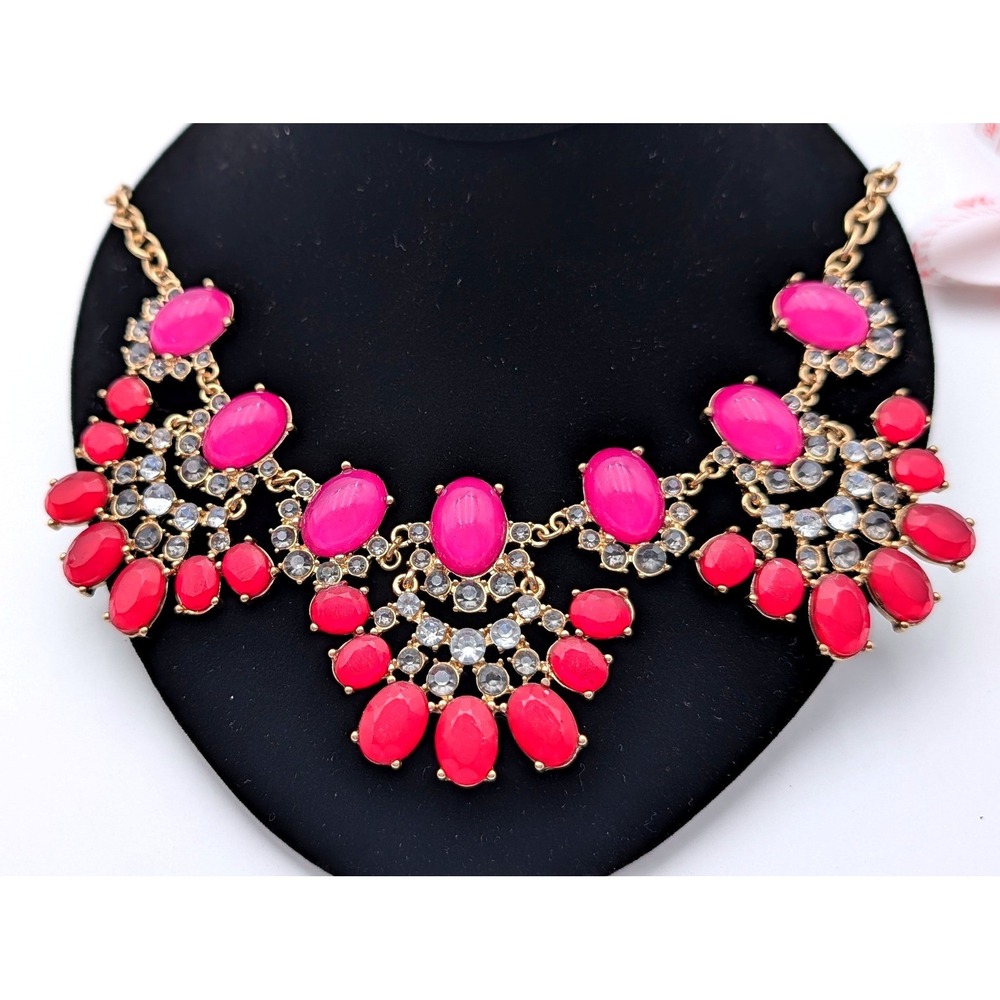 Bold Pink Magenta Bib Statement Necklace Gold Tone Rhinestone Accents 18 Inch